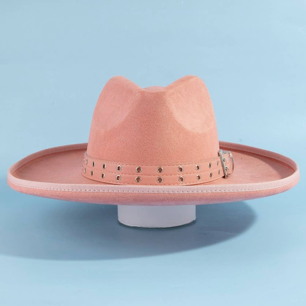 Grommet Belt Faux Suede Fedora Hat
