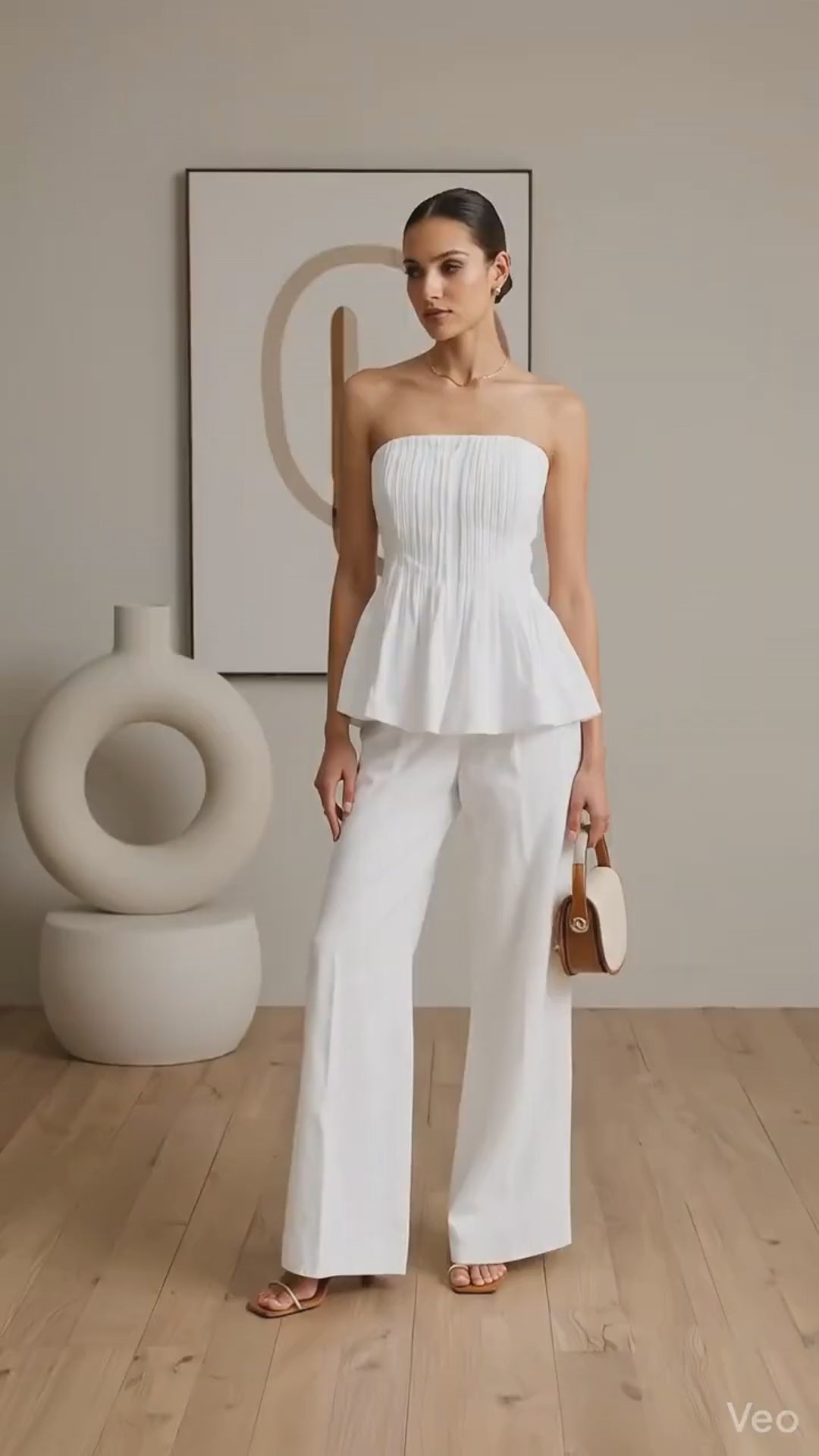 Strapless Peplum Top and Wide Leg Pants Set